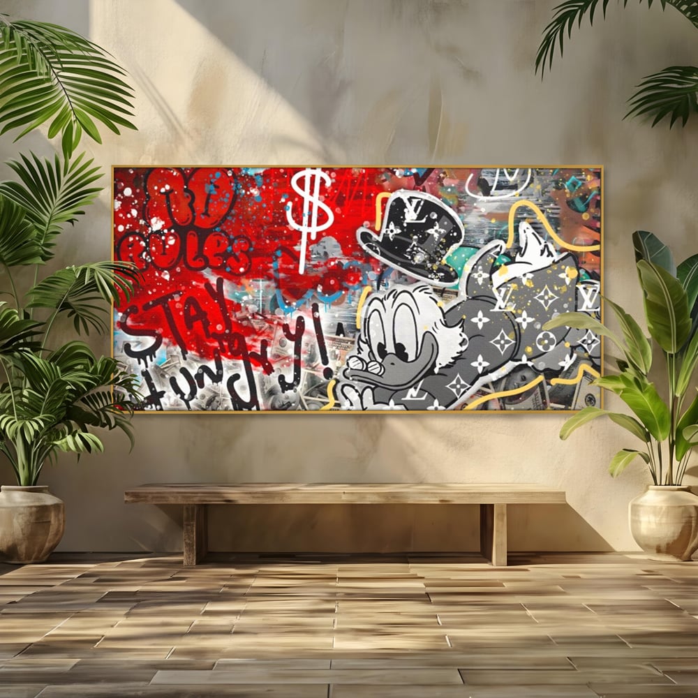 Tablou canvas cu tablou canvas cu scrooge mcduck si graffiti, in rama de aluminiu auriu